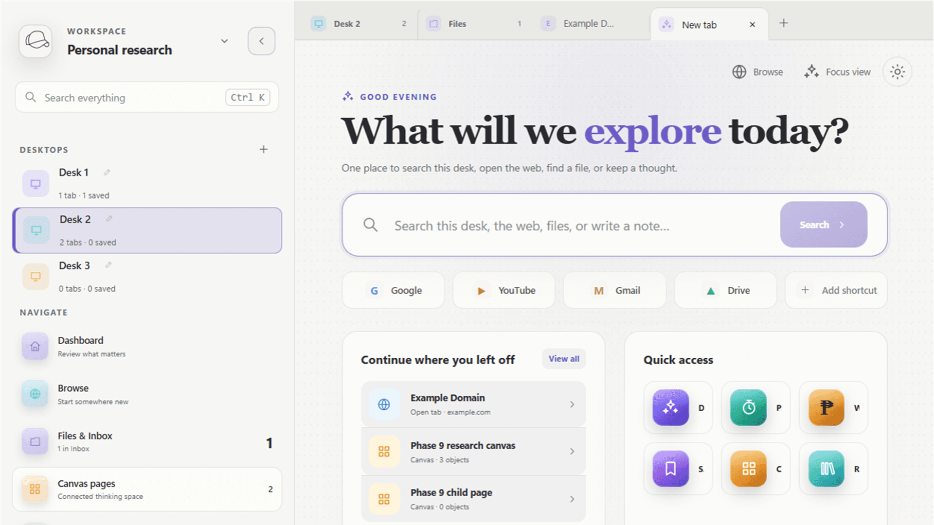 Coach Browser research workspace with desktop workspaces, browser tabs, notes, and local files.